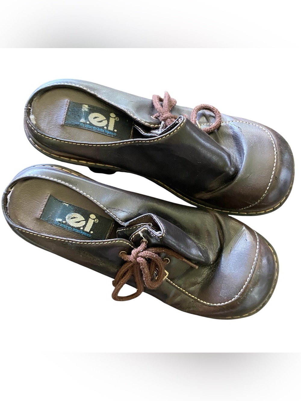 Vintage LEI Y2K Chunky Brown Faux Leather Heel Platform Slip On Mule Shoe Sz 7.5 - Picture 8 of 9
